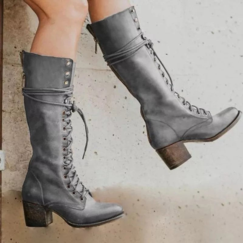 Freya | Women's Lace-Up Knee-High Block Heel Leather Boot