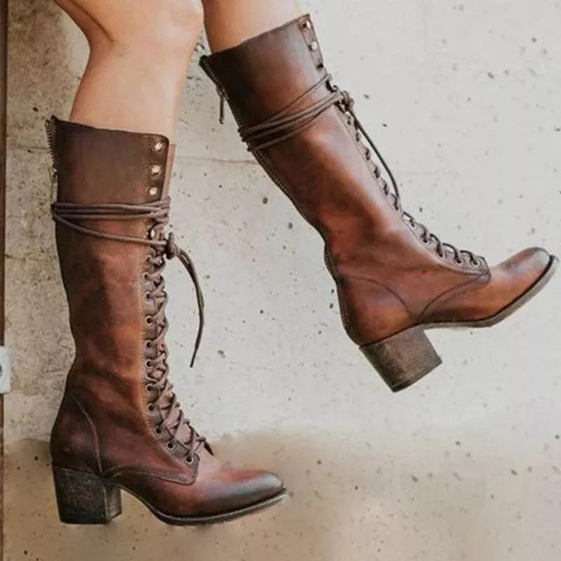 Freya | Women's Lace-Up Knee-High Block Heel Leather Boot
