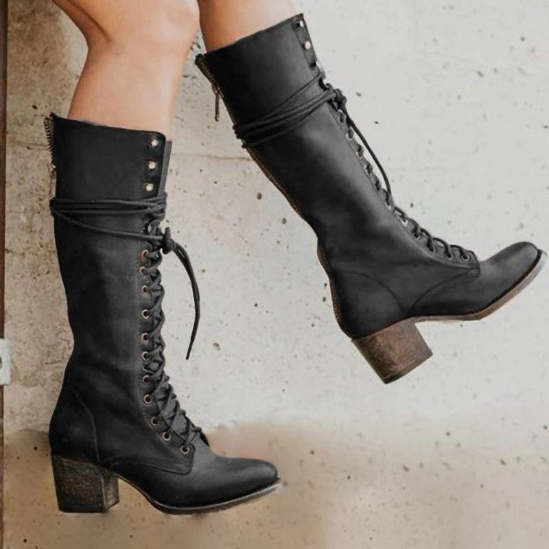 Freya | Women's Lace-Up Knee-High Block Heel Leather Boot