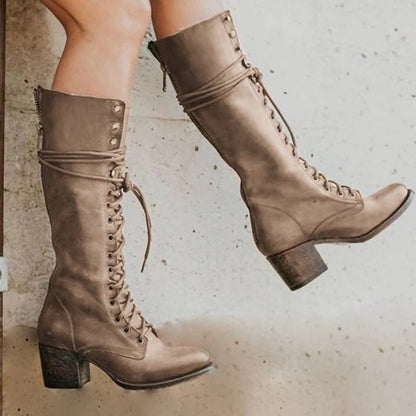 Freya | Women's Lace-Up Knee-High Block Heel Leather Boot