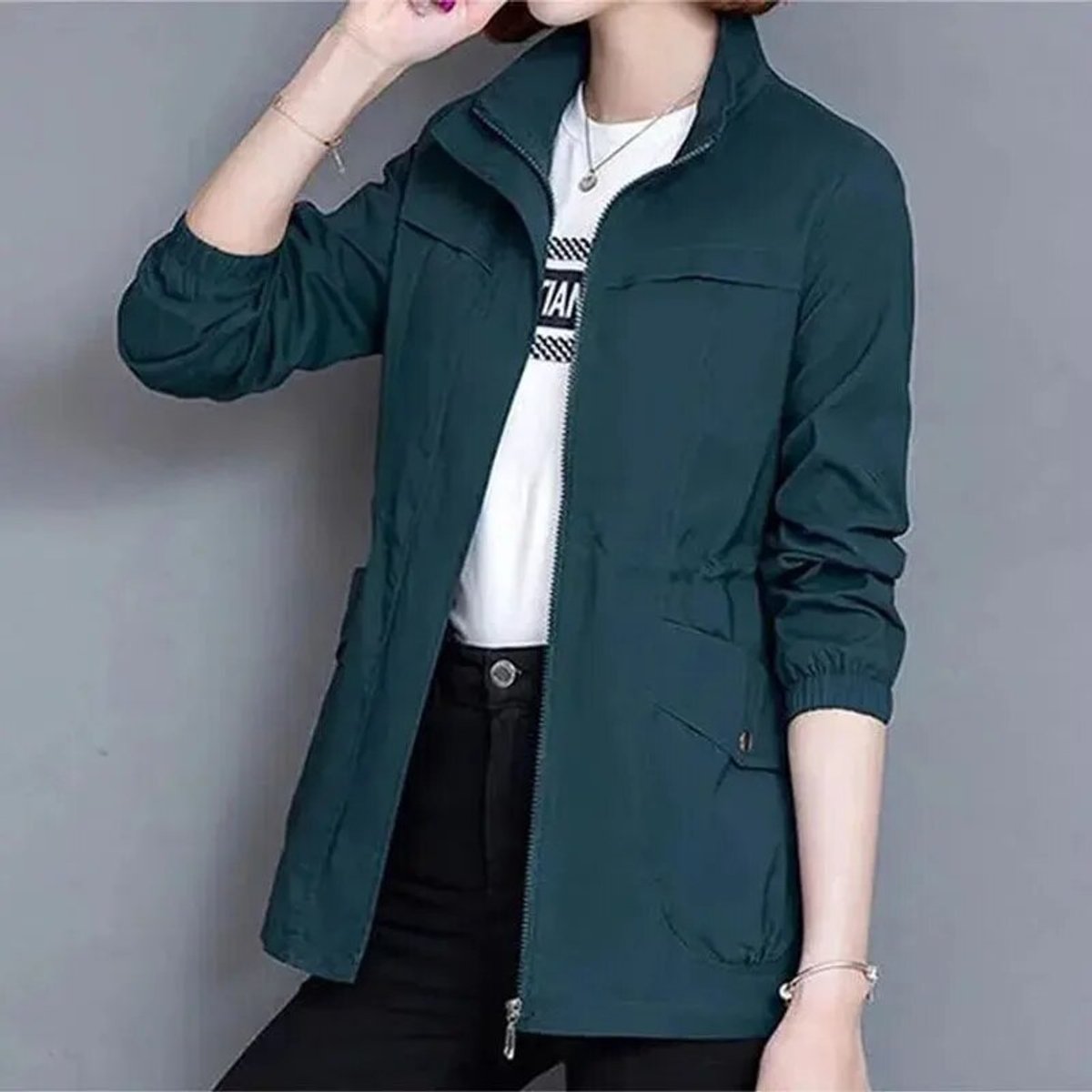 Maribel | Women's Lightweight Zip-Up Drawstring Waist Bomber Jacket
