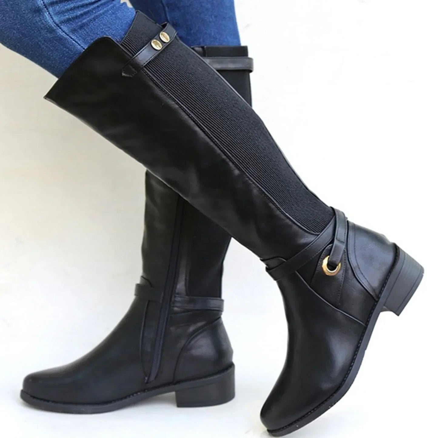 Sabra | Women's Knee-High Riding Buckle Block Heel Boot
