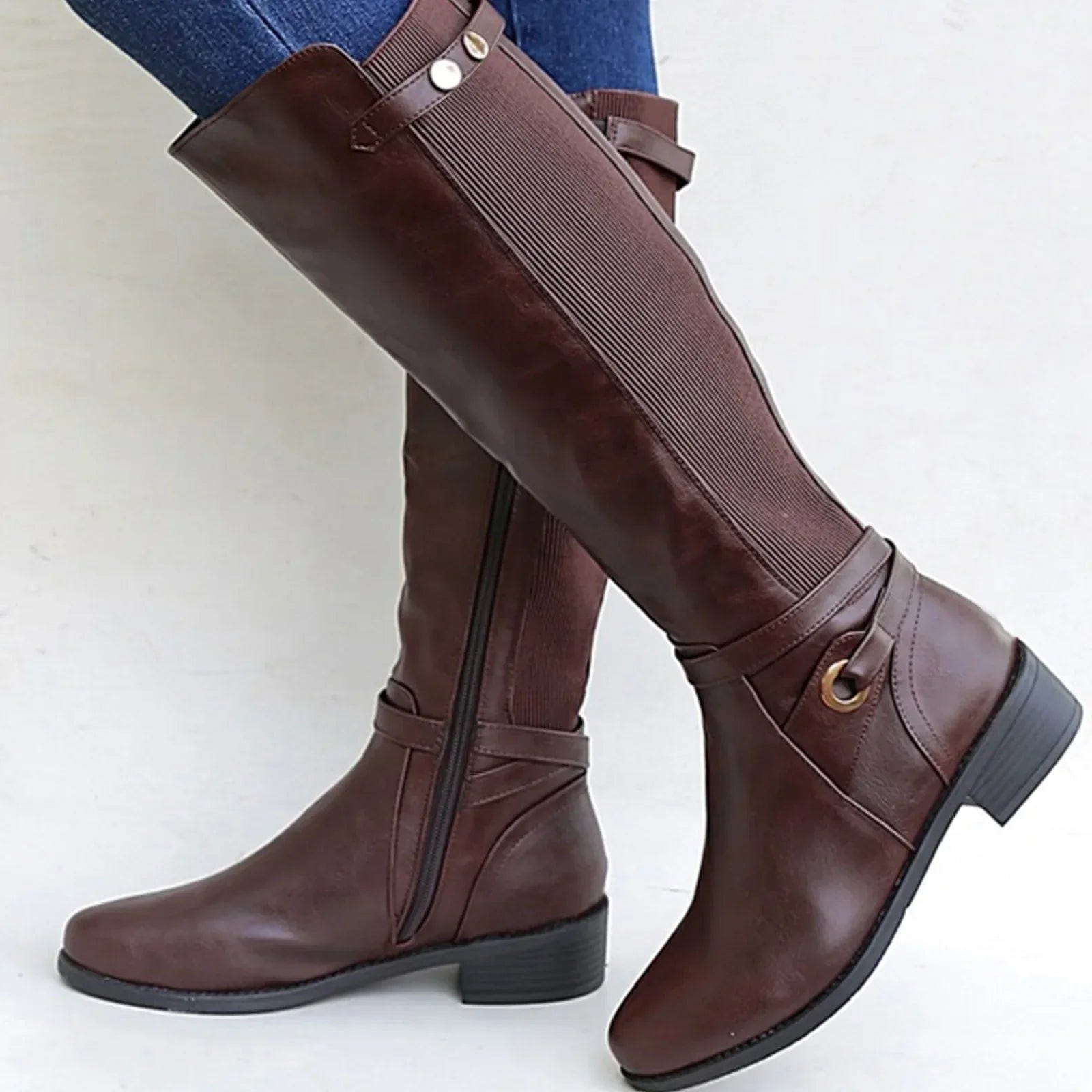 Sabra | Women's Knee-High Riding Buckle Block Heel Boot