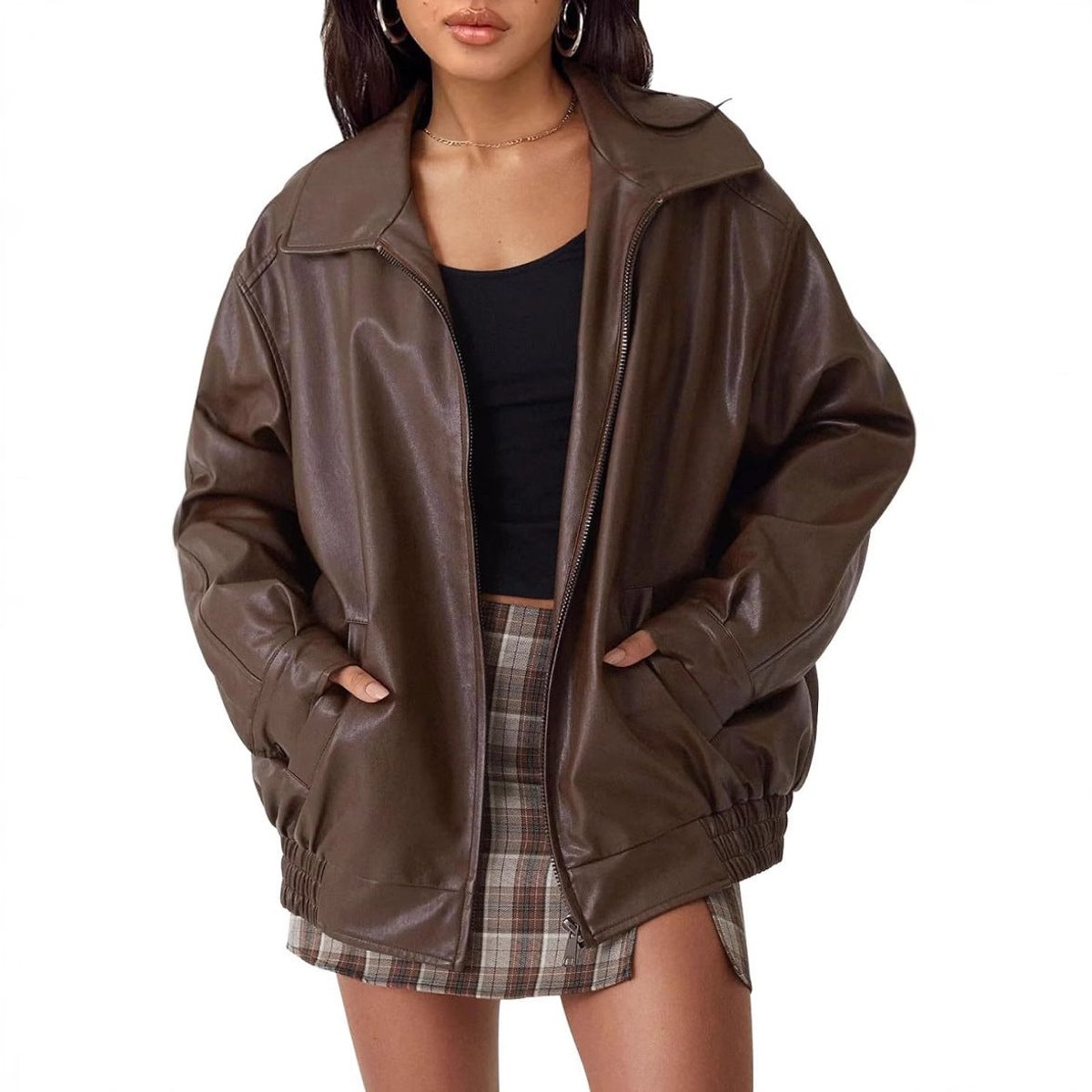 Sabelia | Women's Oversized Faux Leather Zip-Up Bomber Jacket