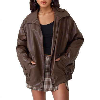 Sabelia | Women's Oversized Faux Leather Zip-Up Bomber Jacket