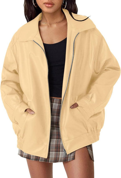 Sabelia | Women's Oversized Faux Leather Zip-Up Bomber Jacket
