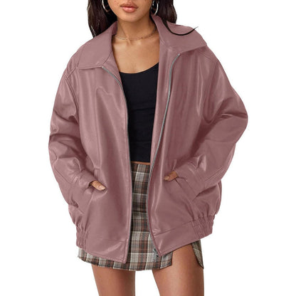 Sabelia | Women's Oversized Faux Leather Zip-Up Bomber Jacket