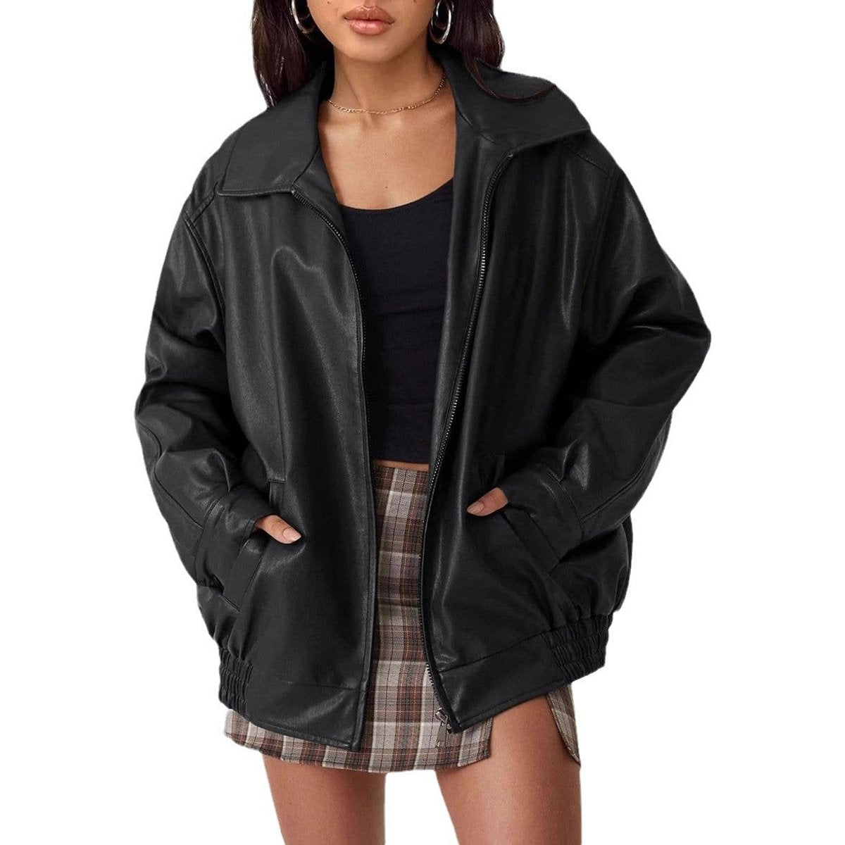 Sabelia | Women's Oversized Faux Leather Zip-Up Bomber Jacket