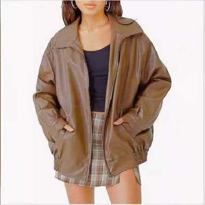 Sabelia | Women's Oversized Faux Leather Zip-Up Bomber Jacket