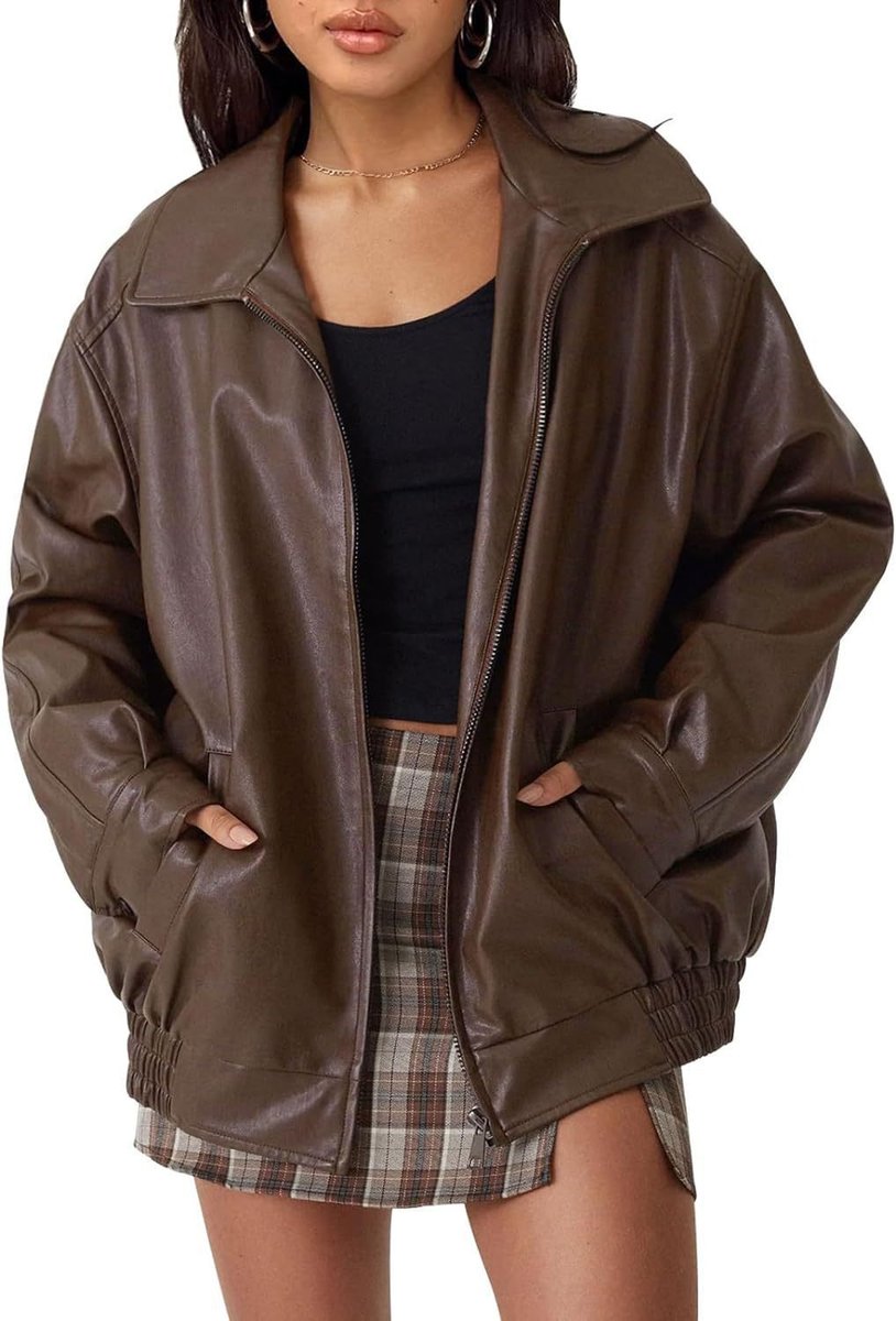 Sabelia | Women's Oversized Faux Leather Zip-Up Bomber Jacket
