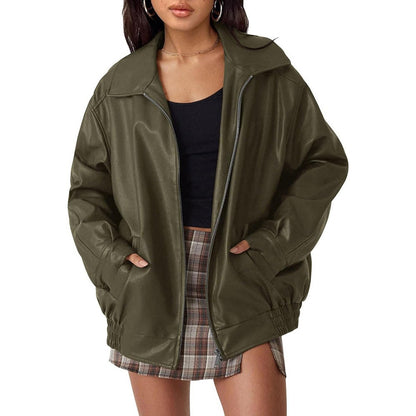 Sabelia | Women's Oversized Faux Leather Zip-Up Bomber Jacket