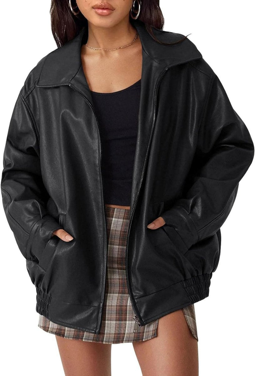 Sabelia | Women's Oversized Faux Leather Zip-Up Bomber Jacket