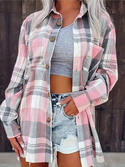 Rosangela | Women's Oversized Plaid Brushed Long Sleeve Button-Up Shirt