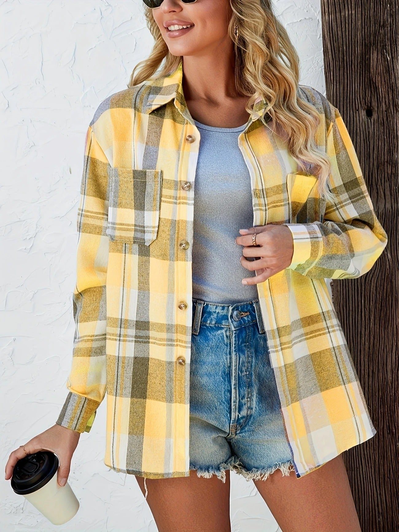 Rosangela | Women's Oversized Plaid Brushed Long Sleeve Button-Up Shirt