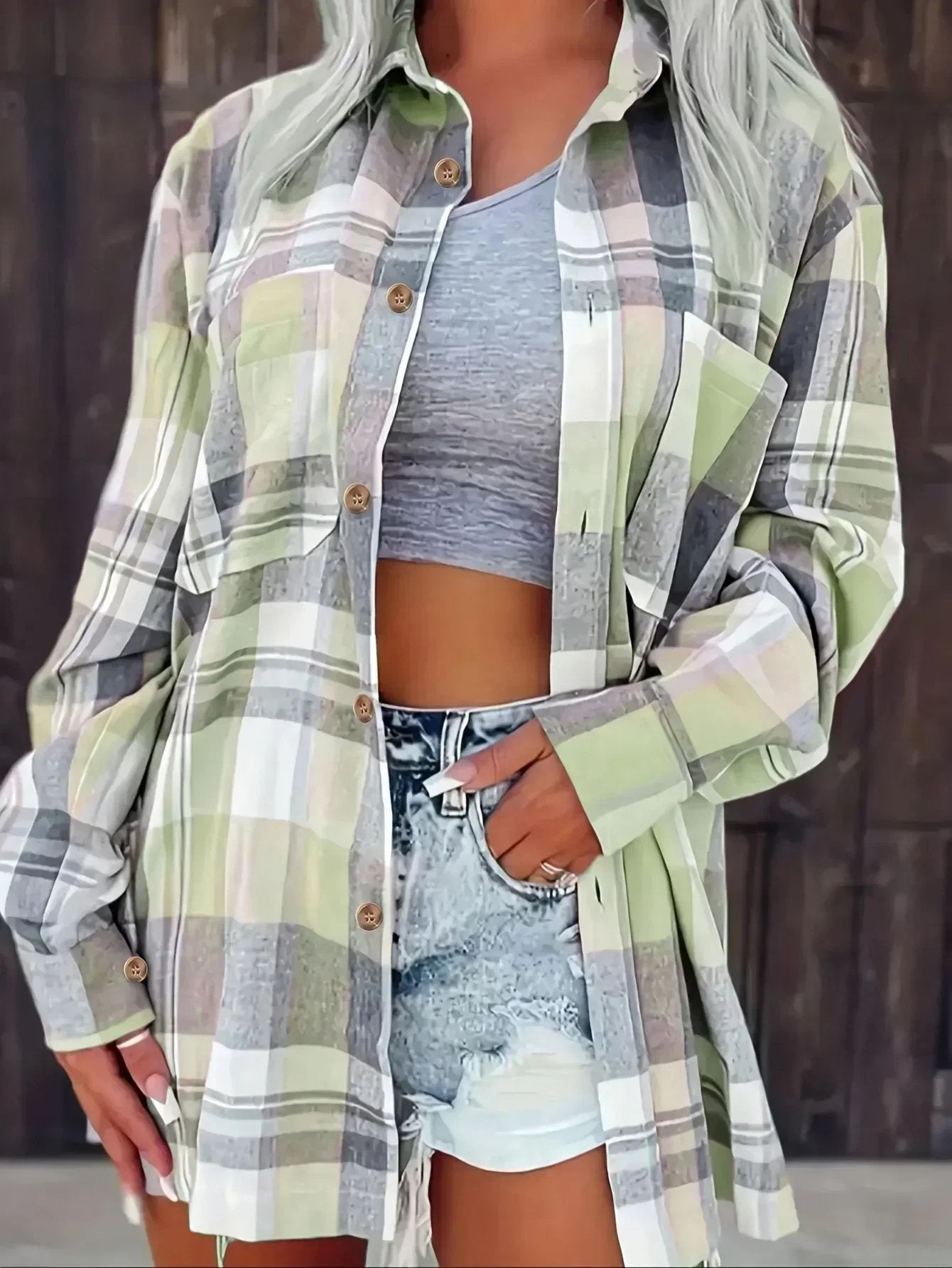 Rosangela | Women's Oversized Plaid Brushed Long Sleeve Button-Up Shirt