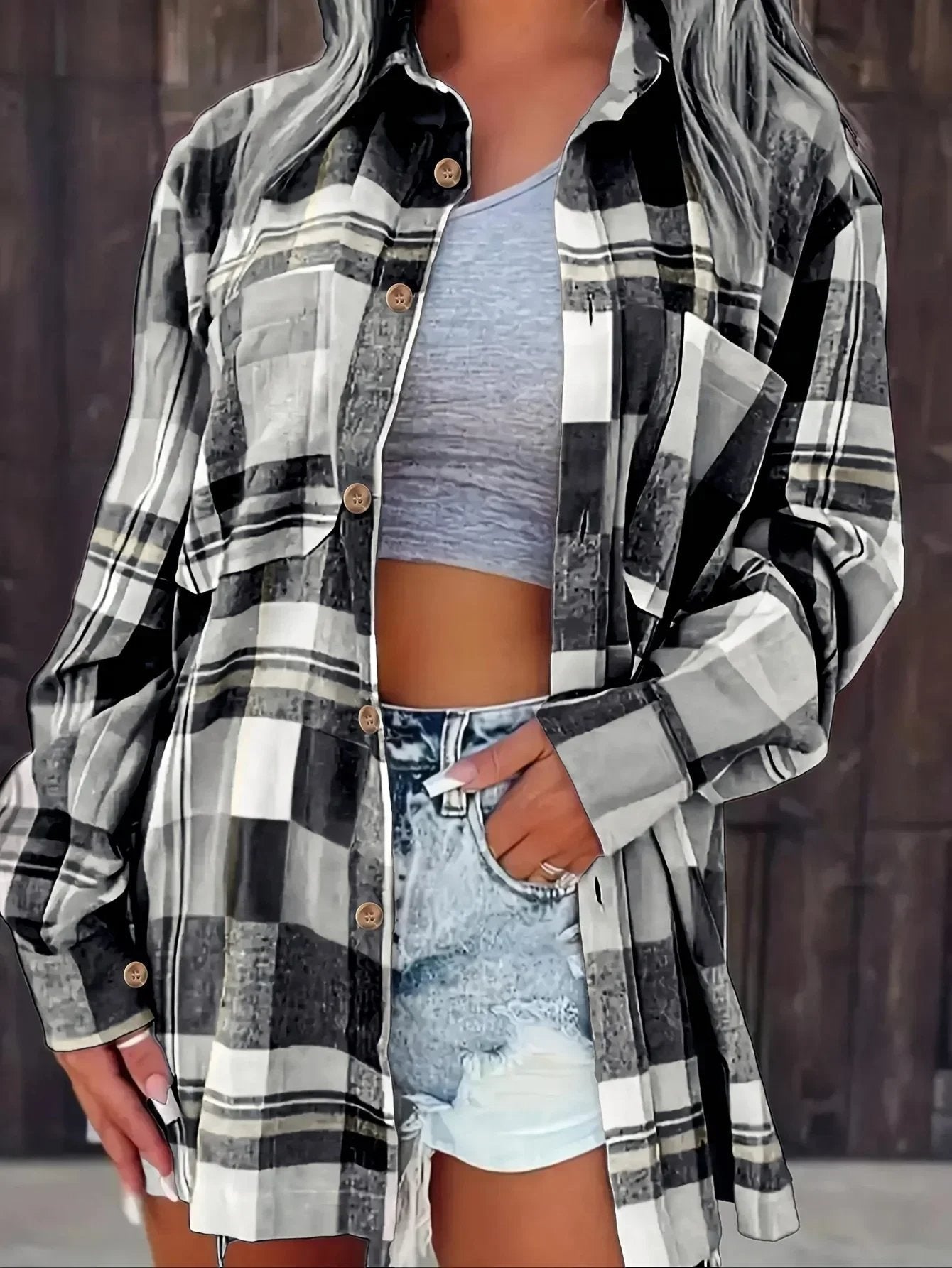Rosangela | Women's Oversized Plaid Brushed Long Sleeve Button-Up Shirt