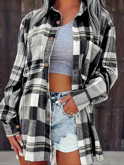 Rosangela | Women's Oversized Plaid Brushed Long Sleeve Button-Up Shirt
