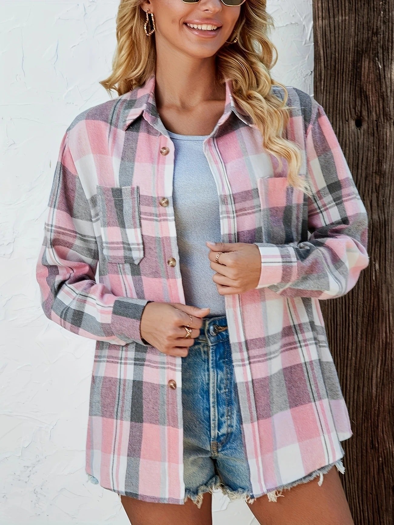 Rosangela | Women's Oversized Plaid Brushed Long Sleeve Button-Up Shirt