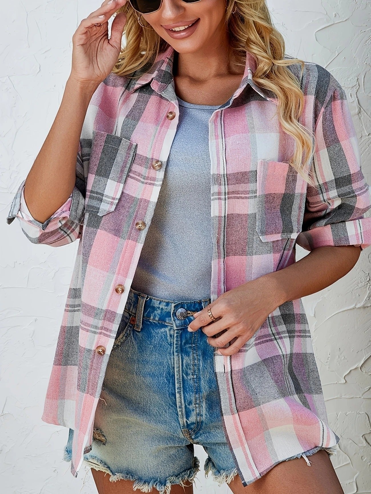 Rosangela | Women's Oversized Plaid Brushed Long Sleeve Button-Up Shirt
