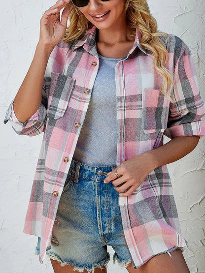 Rosangela | Women's Oversized Plaid Brushed Long Sleeve Button-Up Shirt