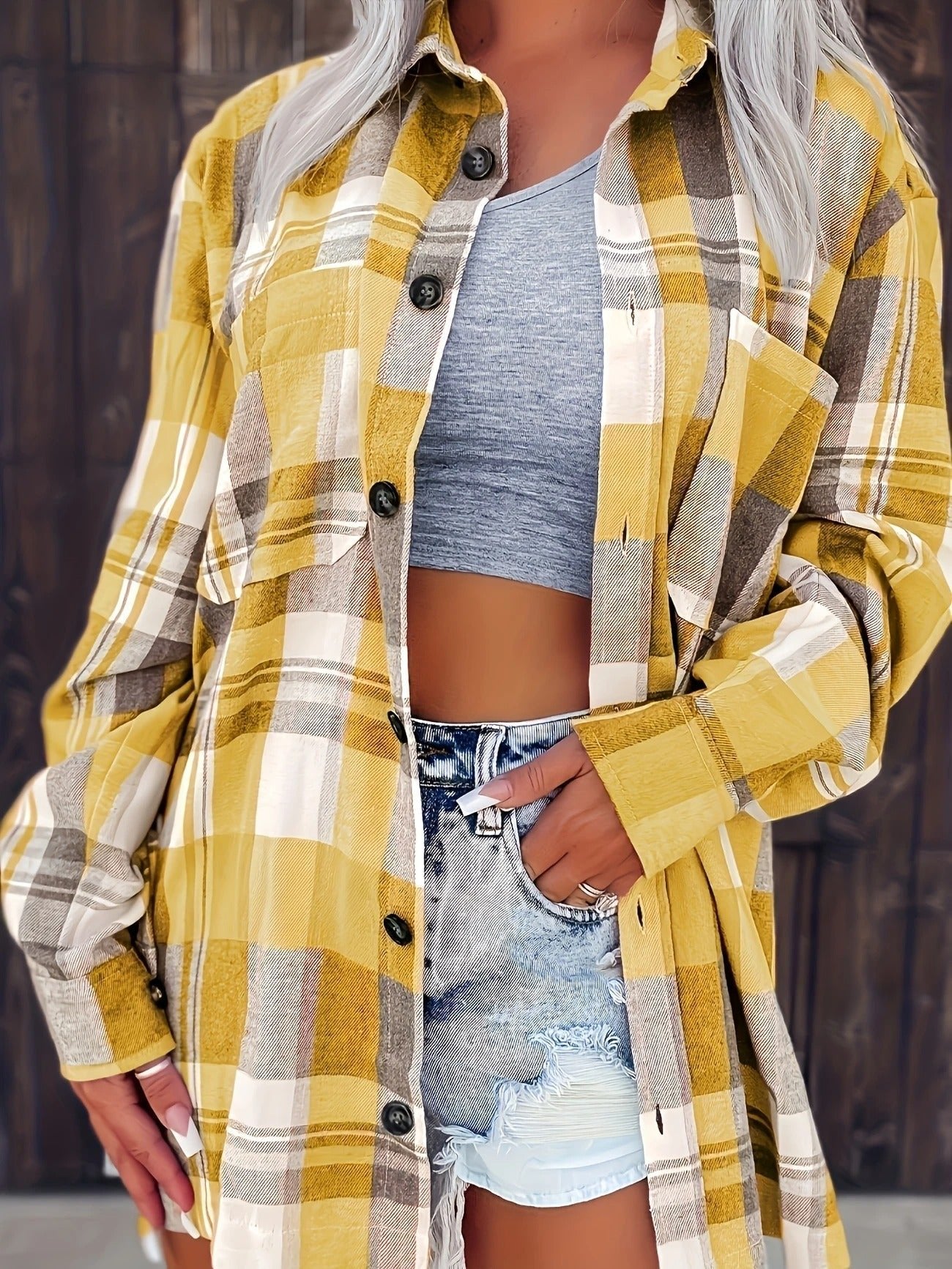 Rosangela | Women's Oversized Plaid Brushed Long Sleeve Button-Up Shirt