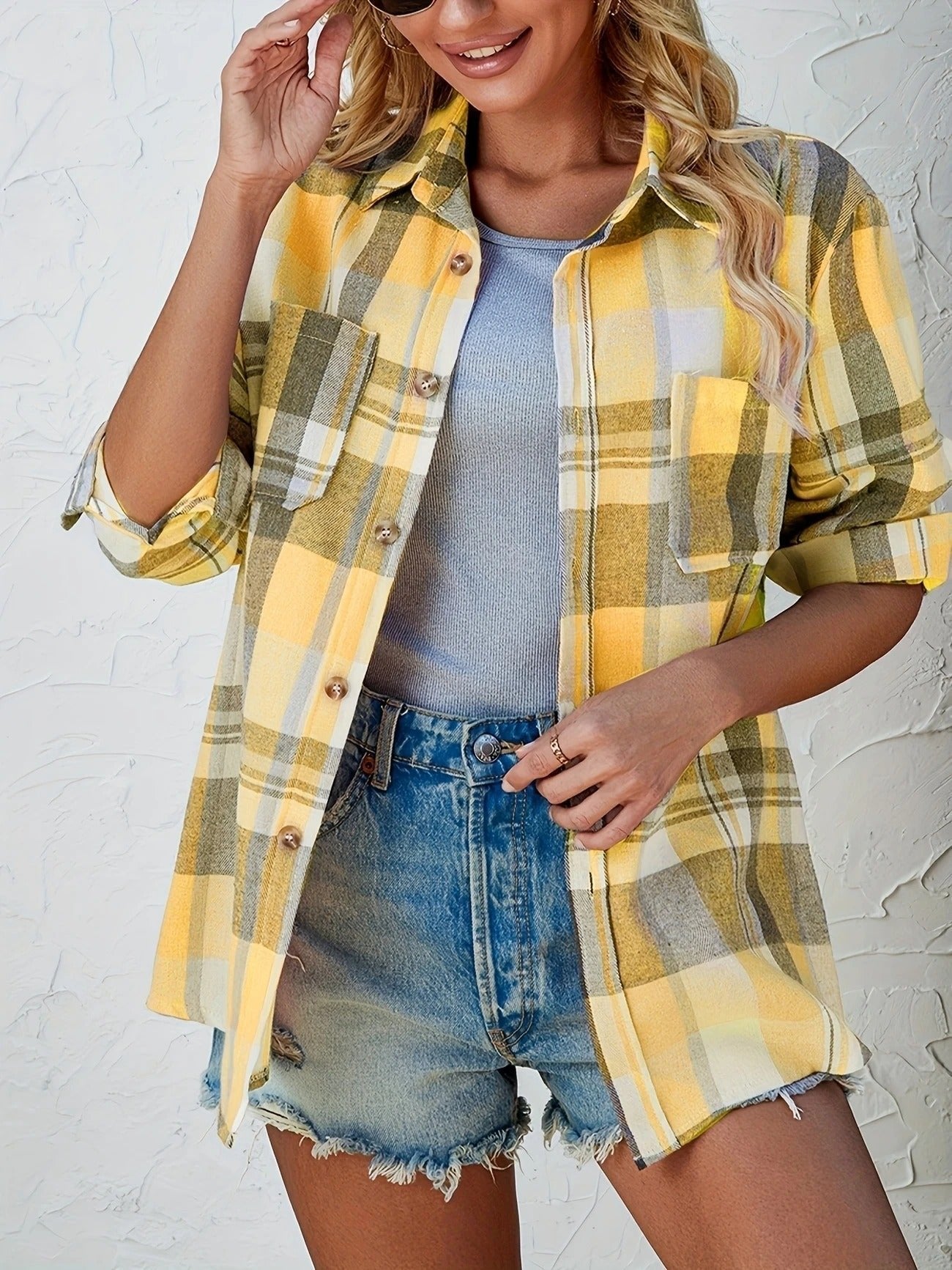 Rosangela | Women's Oversized Plaid Brushed Long Sleeve Button-Up Shirt