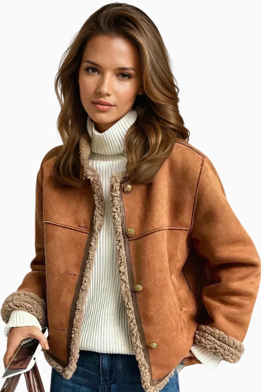Elspeth | Women's Relaxed-Fit Faux Shearling Button-Front Cropped Jacket