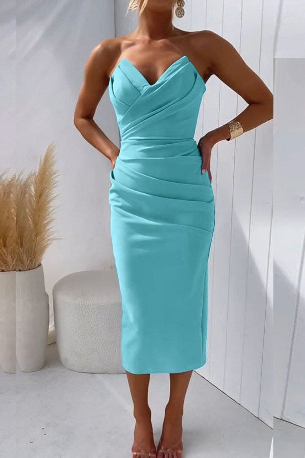 Camille | Women's Strapless Draped Sweetheart Formal Wedding Guest Midi Dress