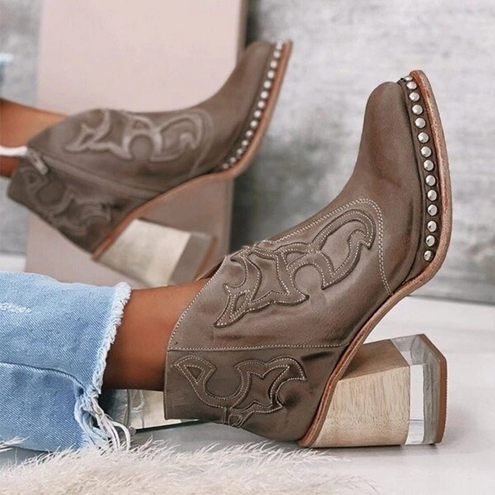 Phoebe | Women's Studded Western Embroidered Block Heel Ankle Boots