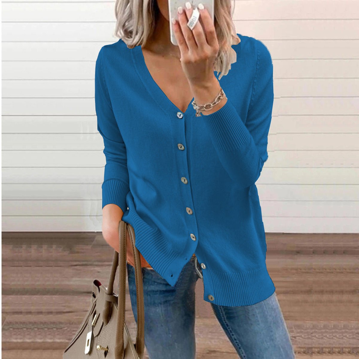 Delphine | Women's V-Neck Button-Front Long Sleeve Knit Cardigan