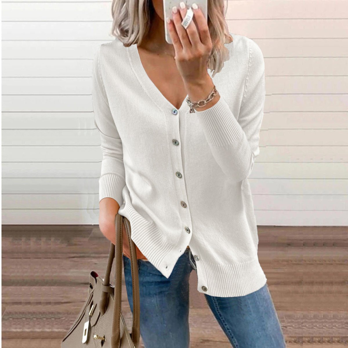 Delphine | Women's V-Neck Button-Front Long Sleeve Knit Cardigan