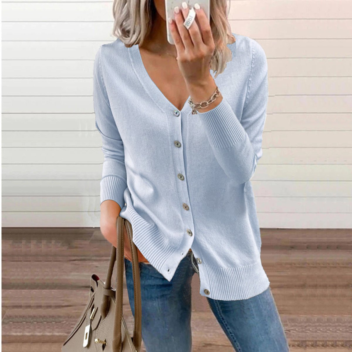 Delphine | Women's V-Neck Button-Front Long Sleeve Knit Cardigan