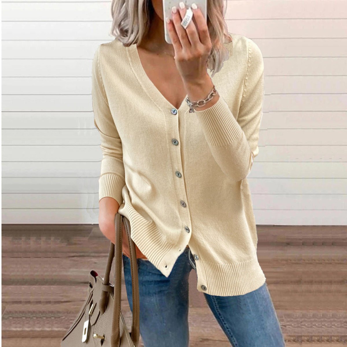 Delphine | Women's V-Neck Button-Front Long Sleeve Knit Cardigan