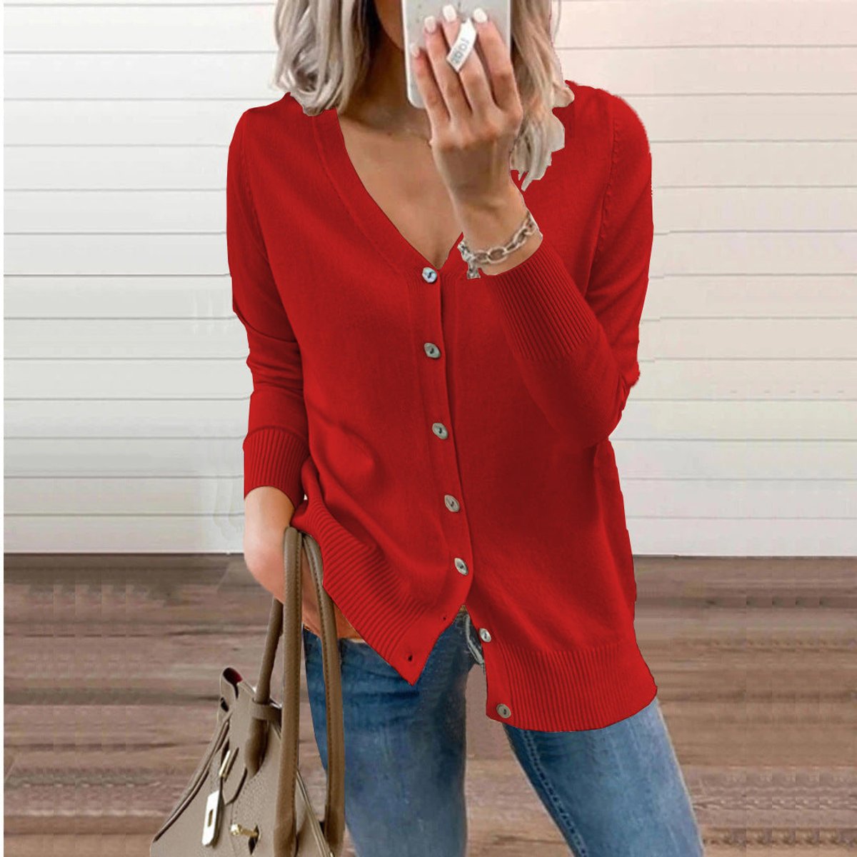 Delphine | Women's V-Neck Button-Front Long Sleeve Knit Cardigan