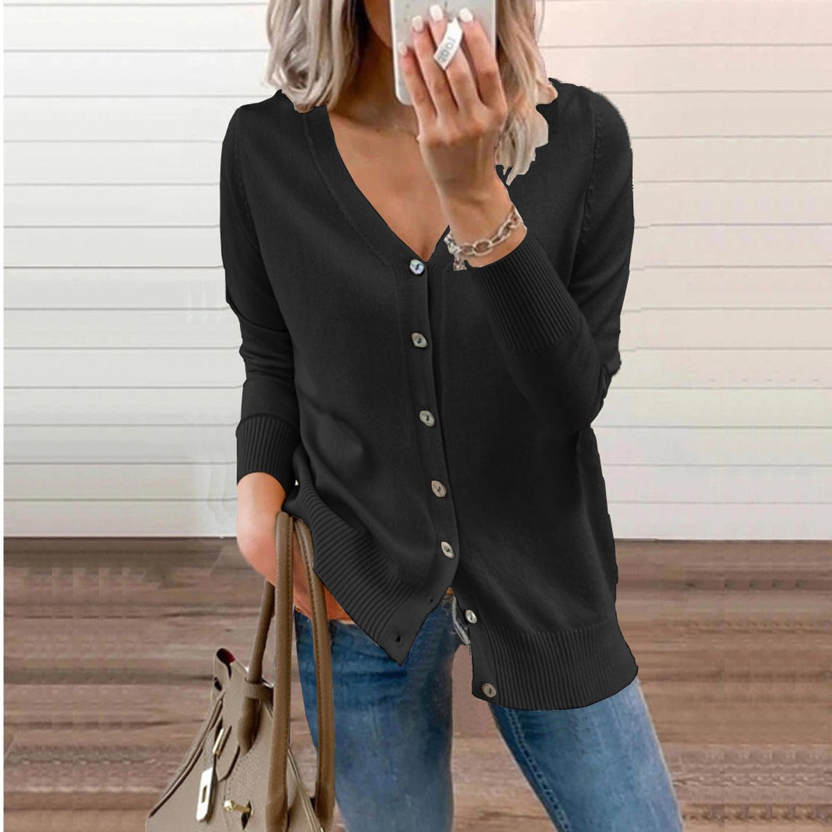 Delphine | Women's V-Neck Button-Front Long Sleeve Knit Cardigan