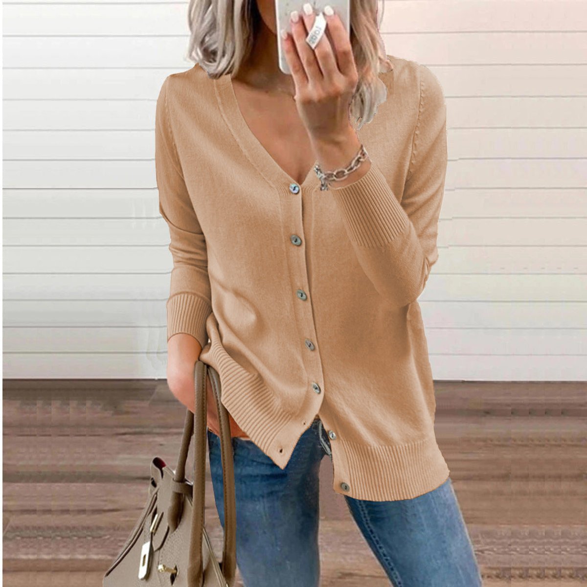Delphine | Women's V-Neck Button-Front Long Sleeve Knit Cardigan