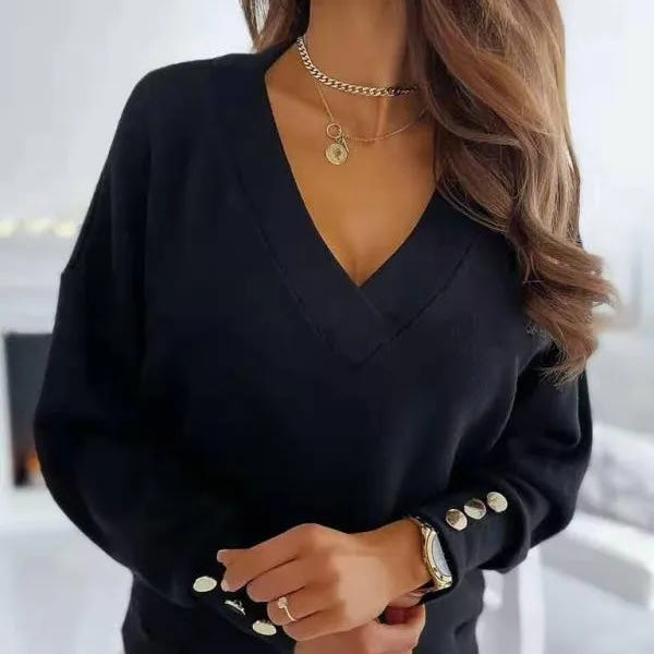 Linnea | Women's V-Neck Knit Button Cuff Sweater
