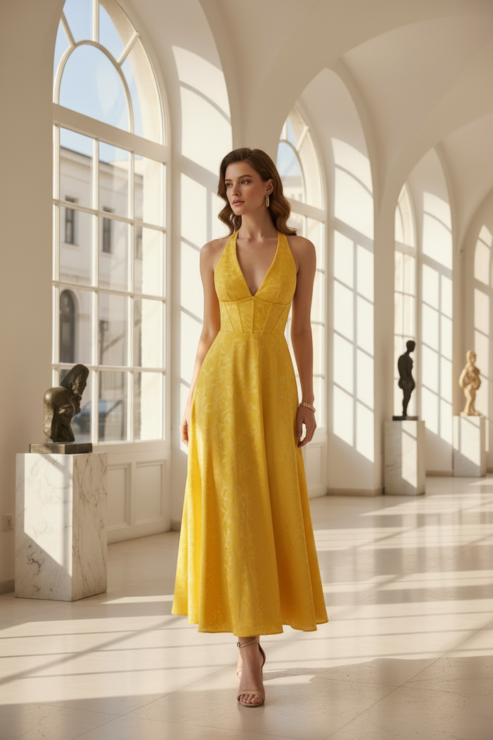 Hailey | Deep V Halter Neck Corset Bodice Jacquard A-Line Midi Wedding Guest Dress