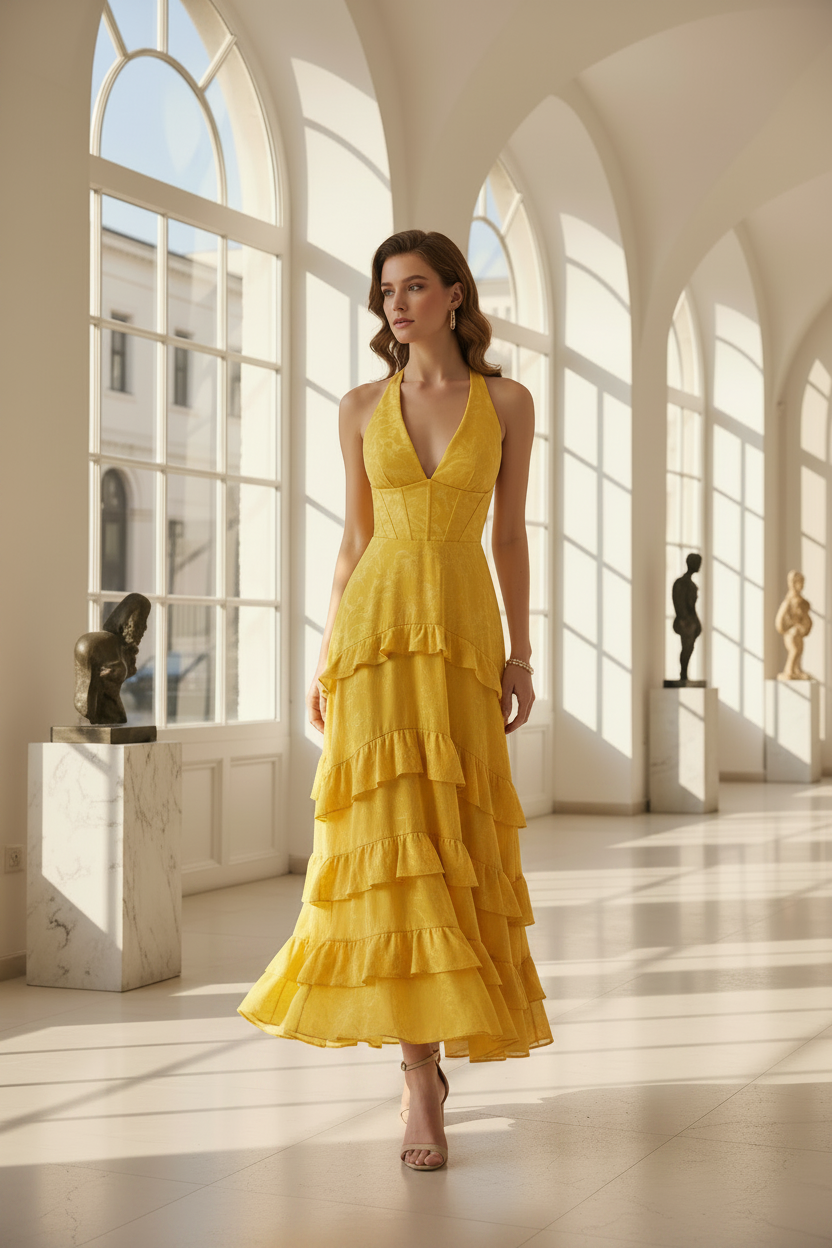 Mimi | Halter V Neck Cascading Ruffle Maxi Summer Wedding Guest Dress